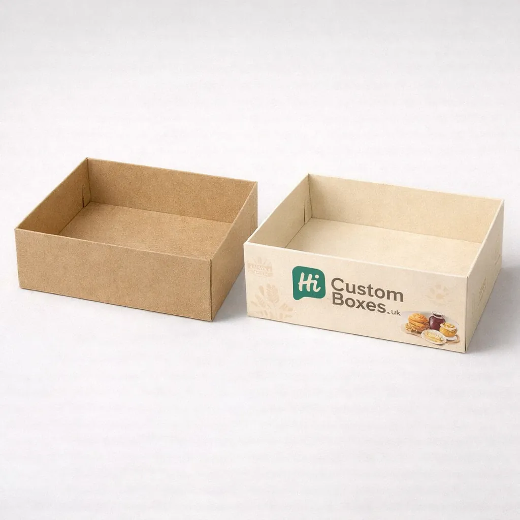 Two sturdy brown cardboard scone tray boxes featuring high quality custom branding and product information. class=